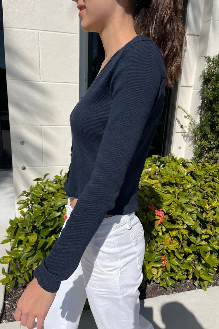Paige Ruffle Long Sleeve Top | Navy Blue / S