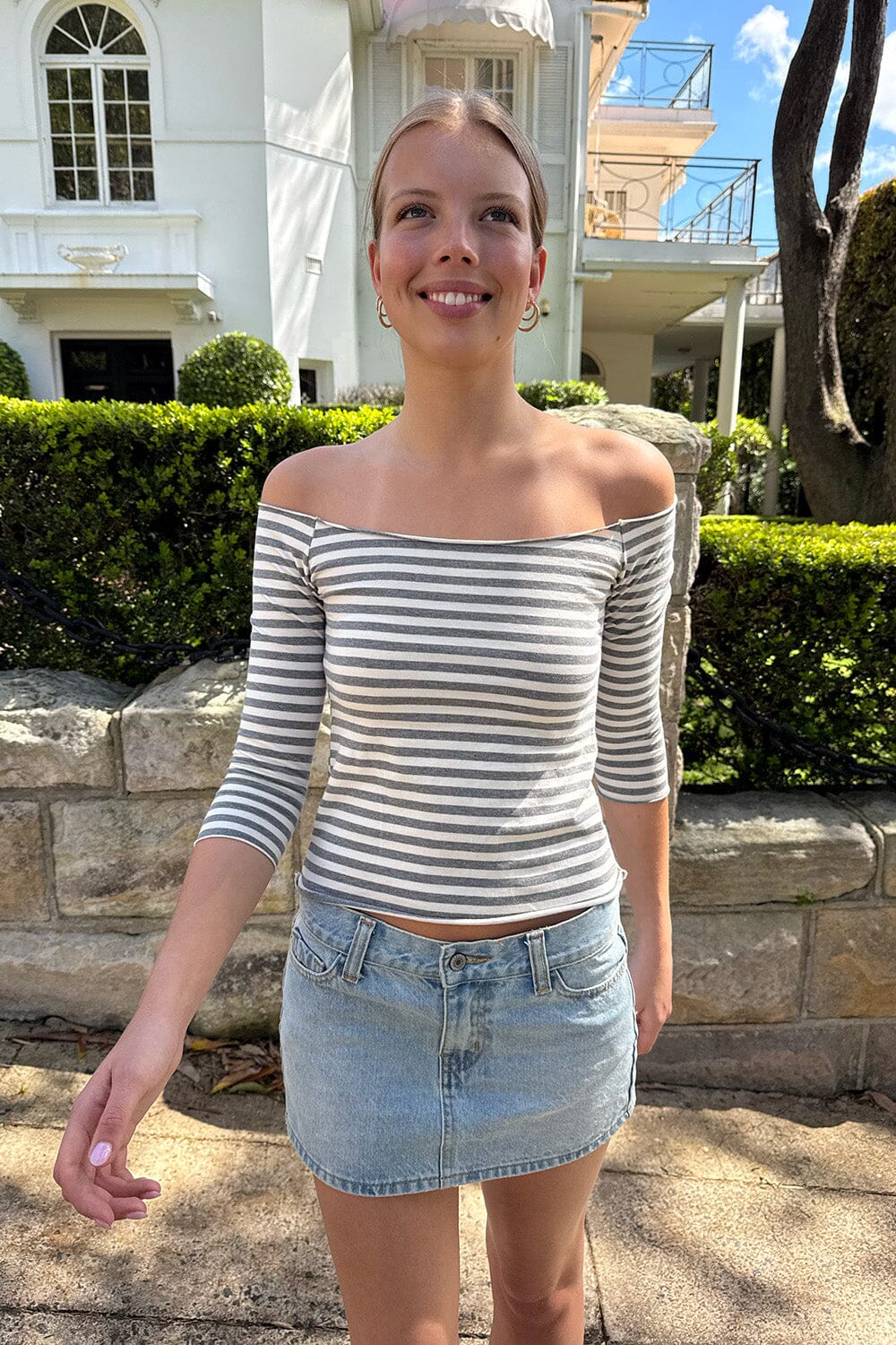 Flora Striped Top | Ivory and Heather Grey Stripes / XS/S