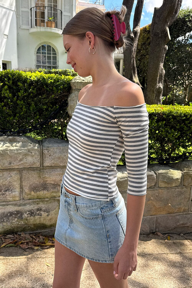 Flora Striped Top | Ivory and Heather Grey Stripes / XS/S