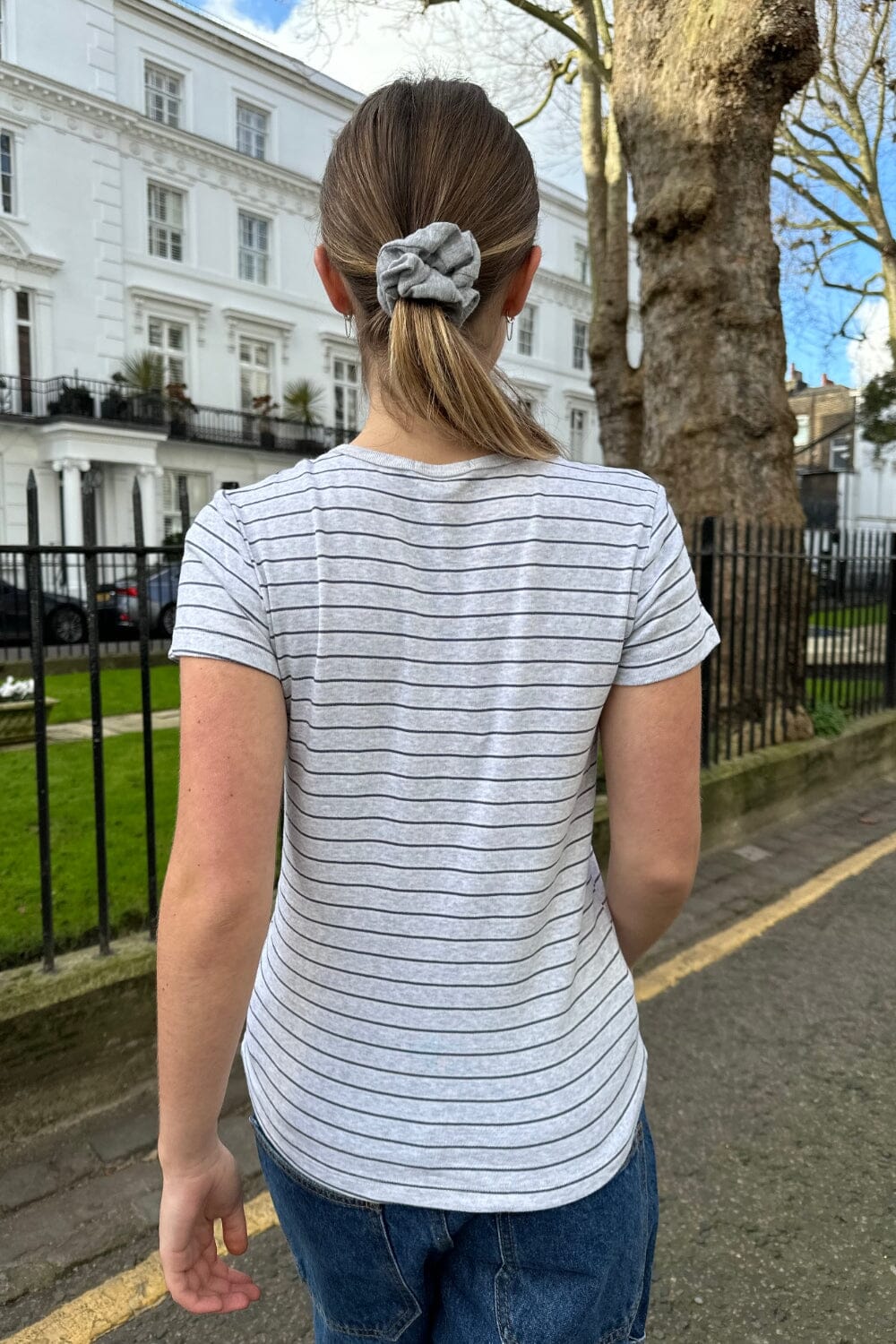 Grey With Thin Navy Stripes / S