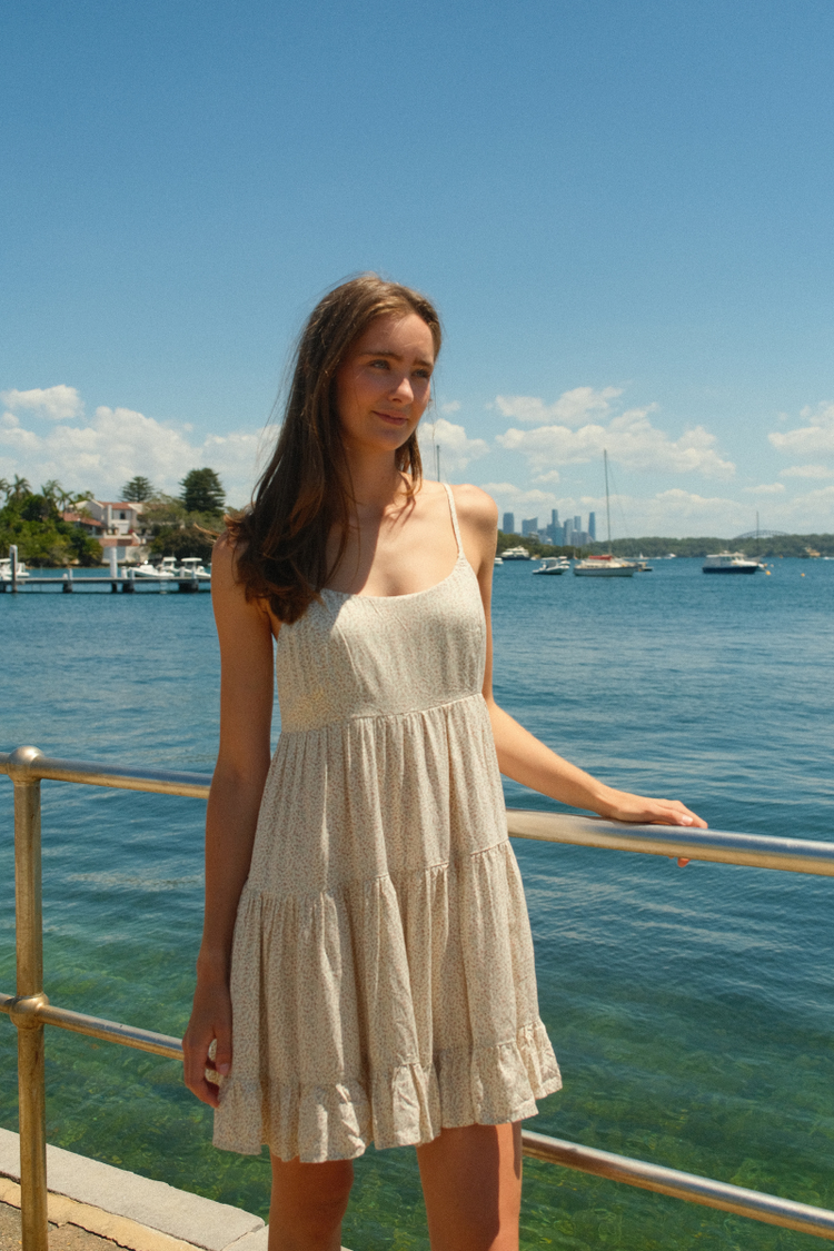 Silvana Ruffle Dress | White With Pink Florals / S