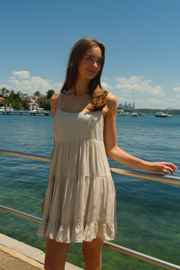 Silvana Ruffle Dress | White With Pink Florals / S