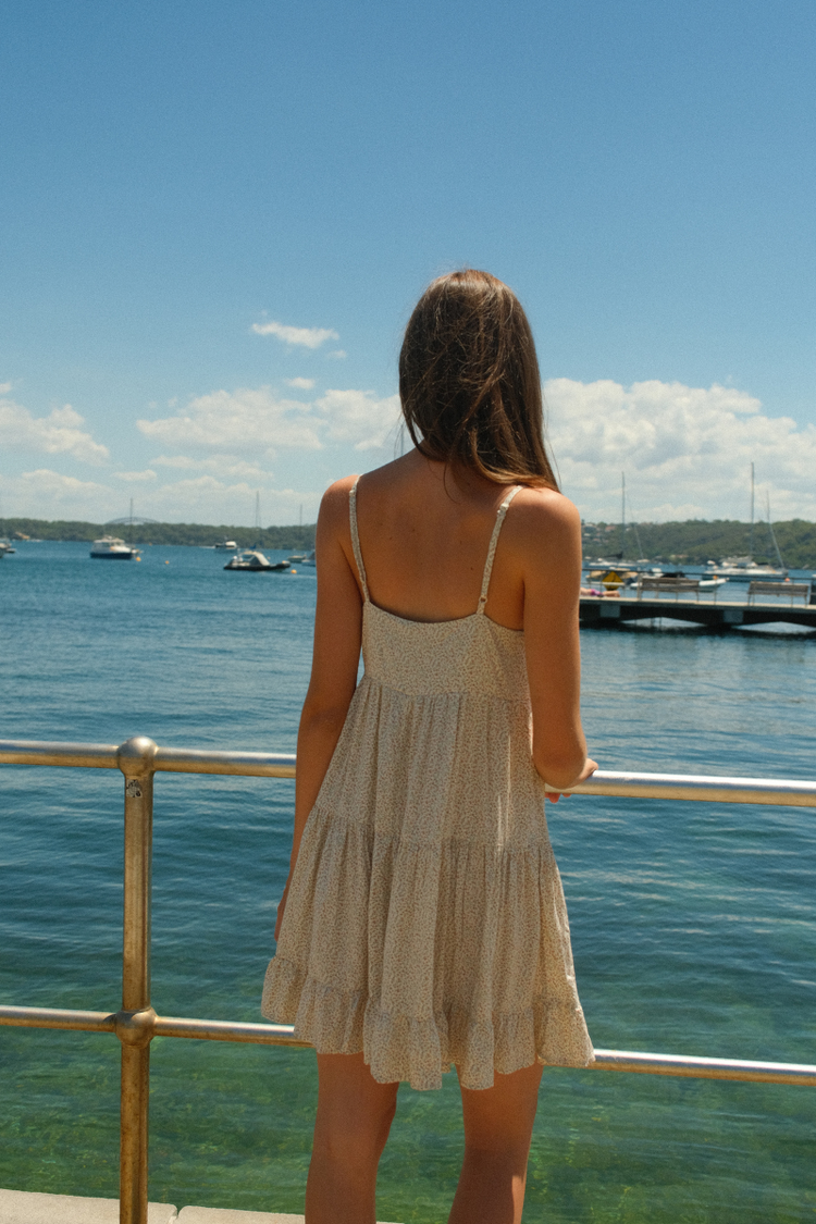 Silvana Ruffle Dress | White With Pink Florals / S