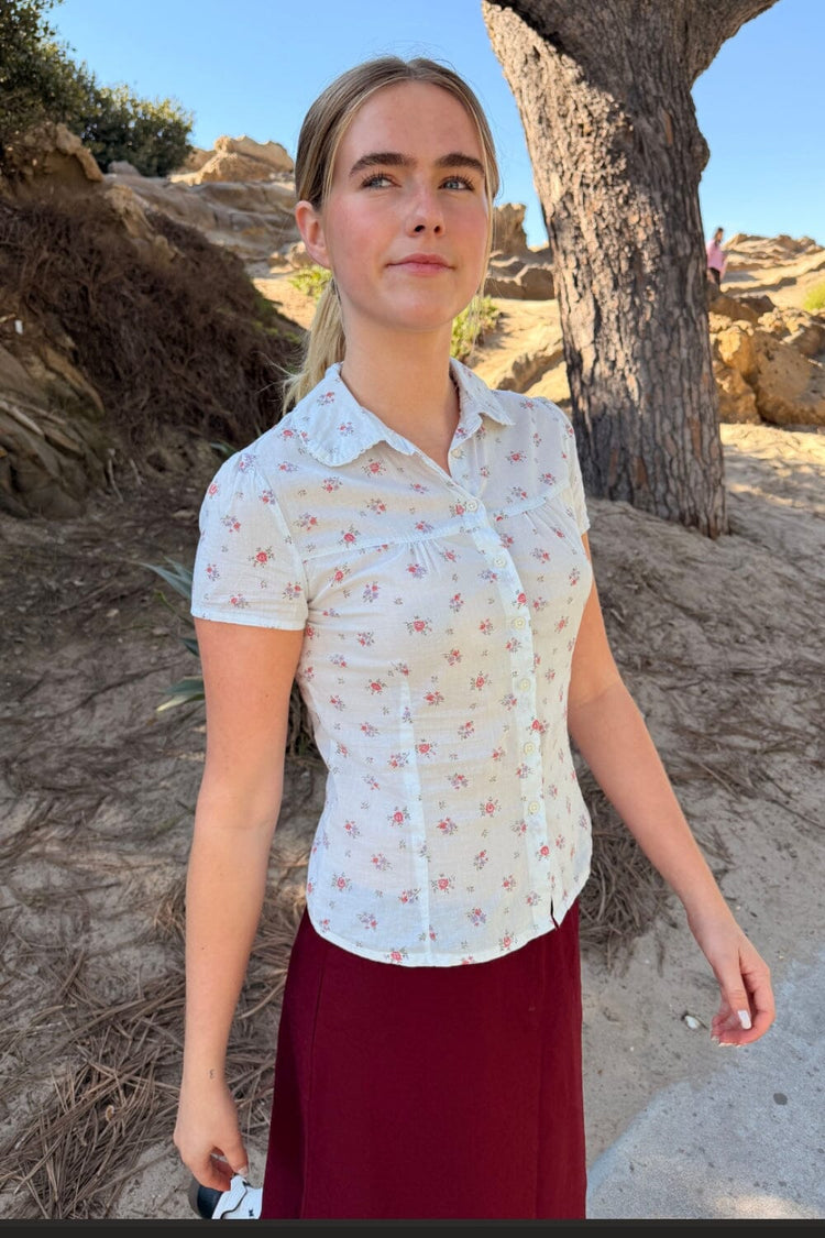 Teagan Flowers Top | Pink And Steel Blue Floral / XS/S