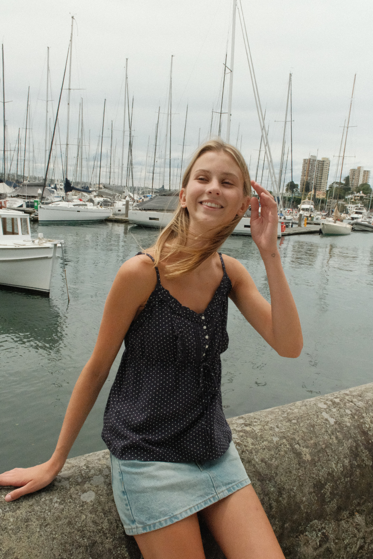 Maeve Tank | Navy Blue with White Polka Dots / XS/S