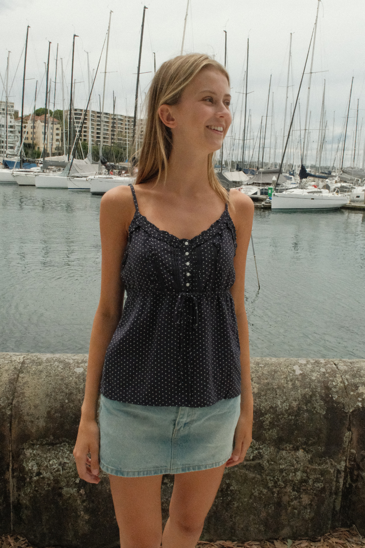 Maeve Tank | Navy Blue with White Polka Dots / XS/S