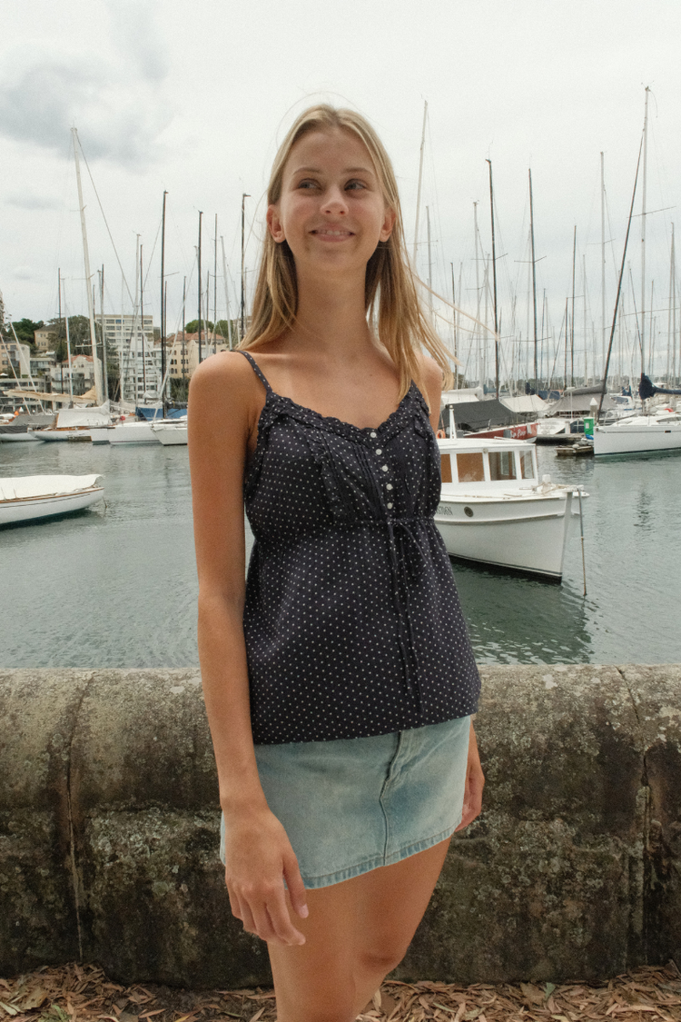 Maeve Tank | Navy Blue with White Polka Dots / XS/S
