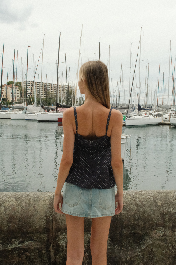 Maeve Tank | Navy Blue with White Polka Dots / XS/S