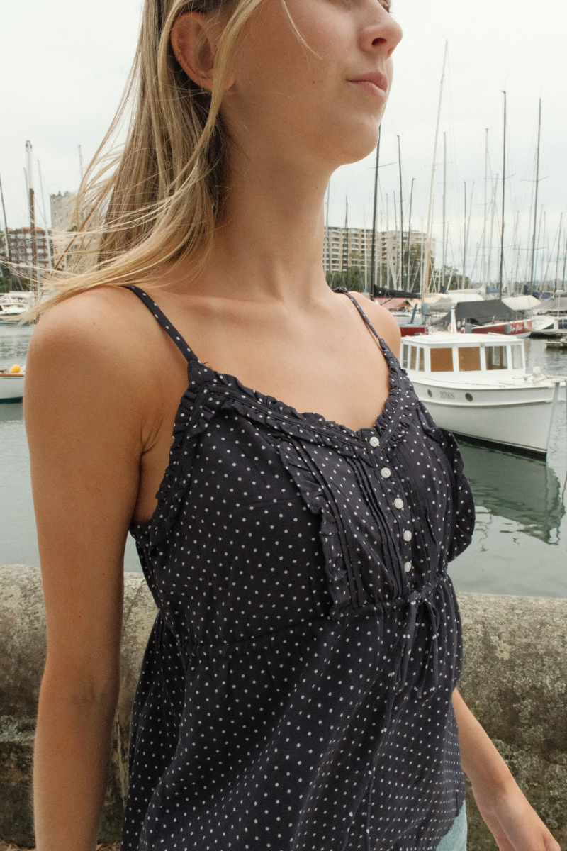 Maeve Tank | Navy Blue with White Polka Dots / XS/S