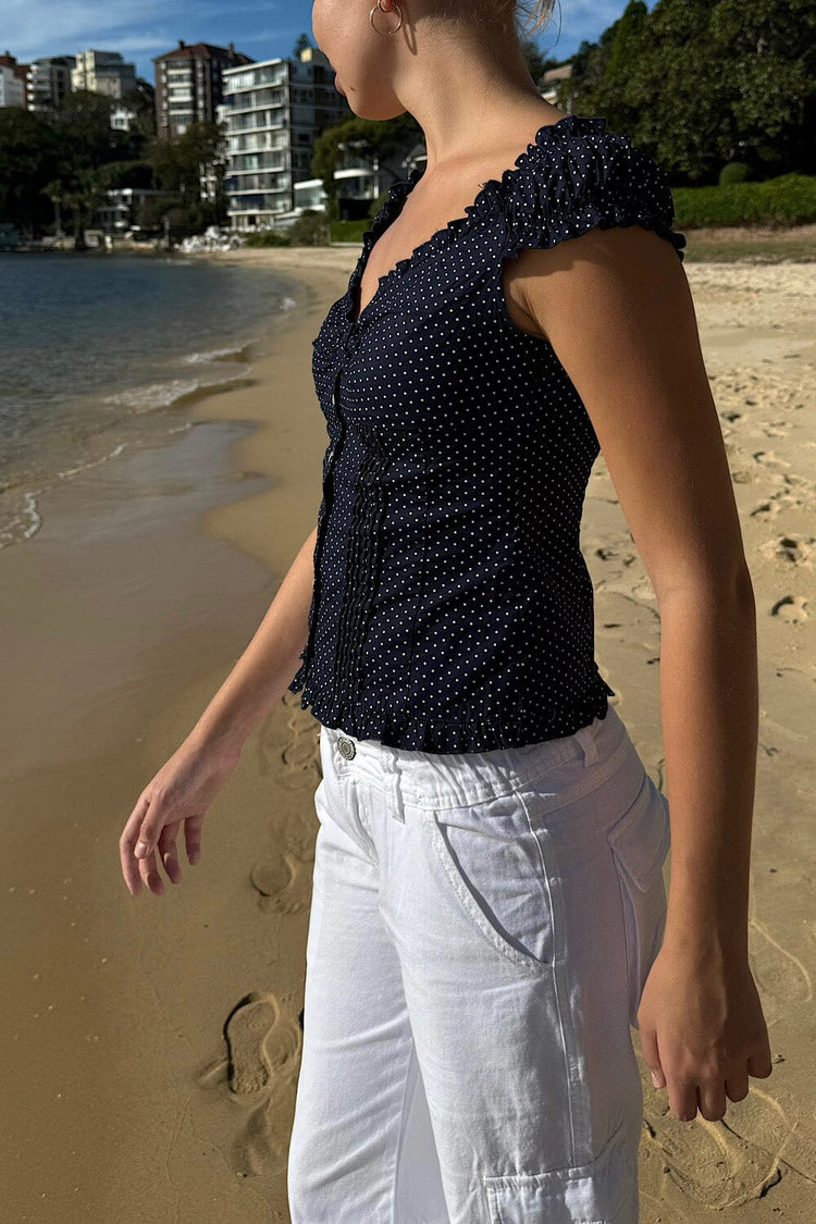 Elena Polka Dot Top | Faded Navy Blue With White Polka Dots / XS/S