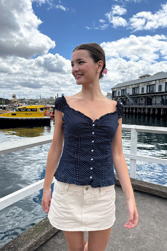 Faded Navy Blue With White Polka Dots / XS/S
