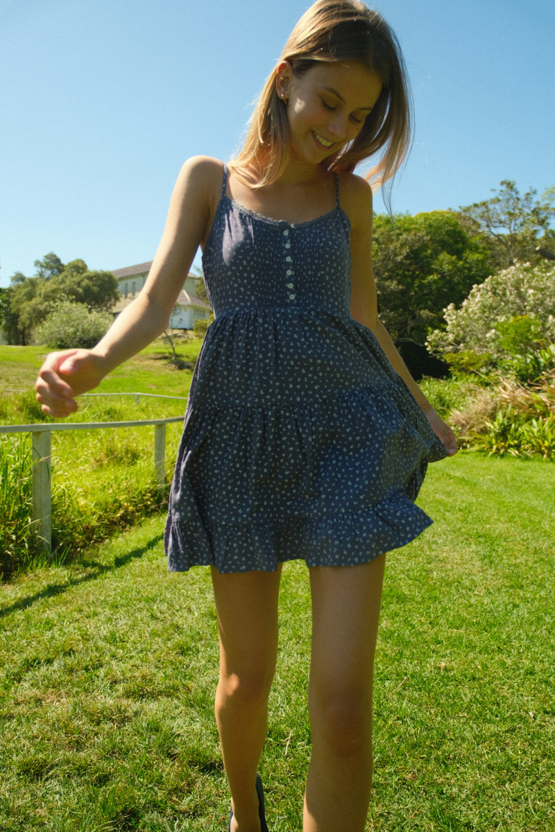 Washed Navy Blue With White Floral / XS/S