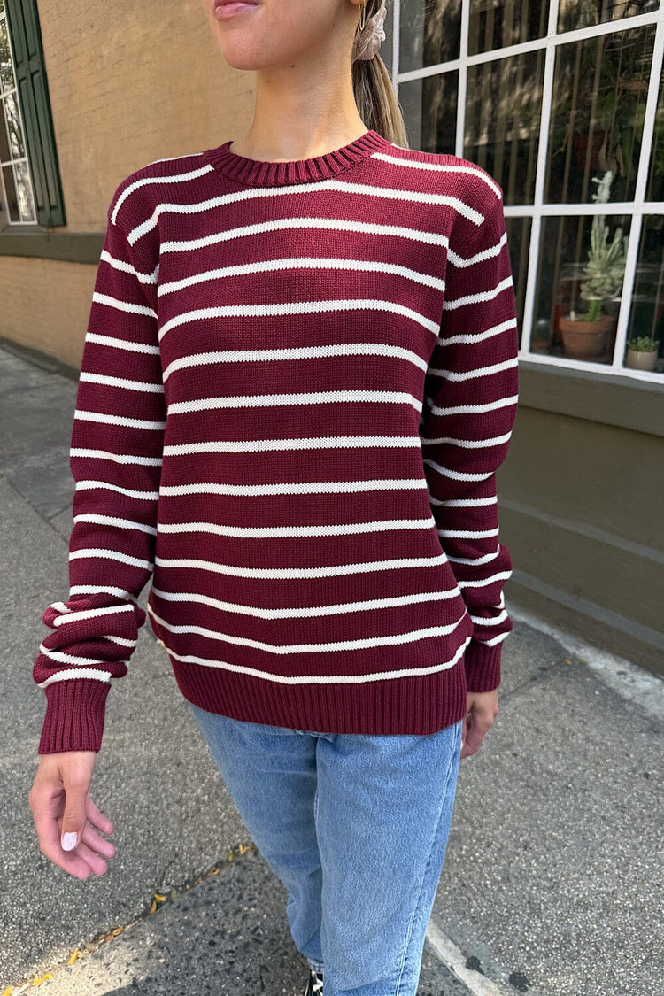 Brianna Thin Stripe Cotton Sweater | Burgundy Ivory Stripes / S/M