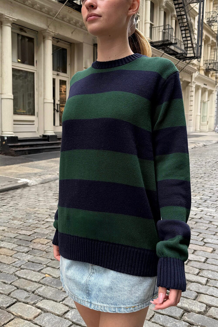 Brianna Cotton Stripe Sweater | Navy Blue And Dark Green Stripes / S/M
