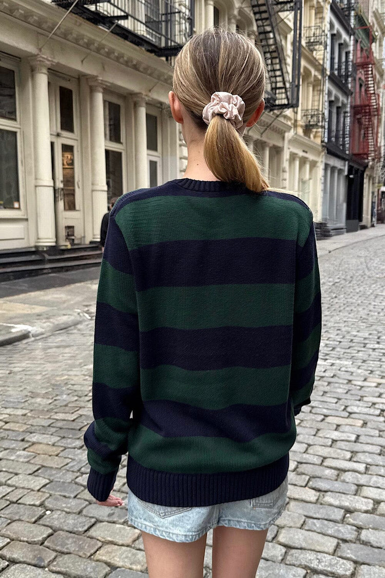 Brianna Cotton Stripe Sweater | Navy Blue And Dark Green Stripes / S/M