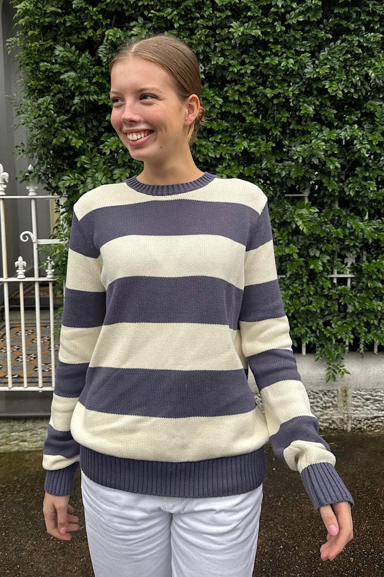 Brianna Cotton Thick Stripe Sweater | Faded Blue with Ivory Stripes / S/M