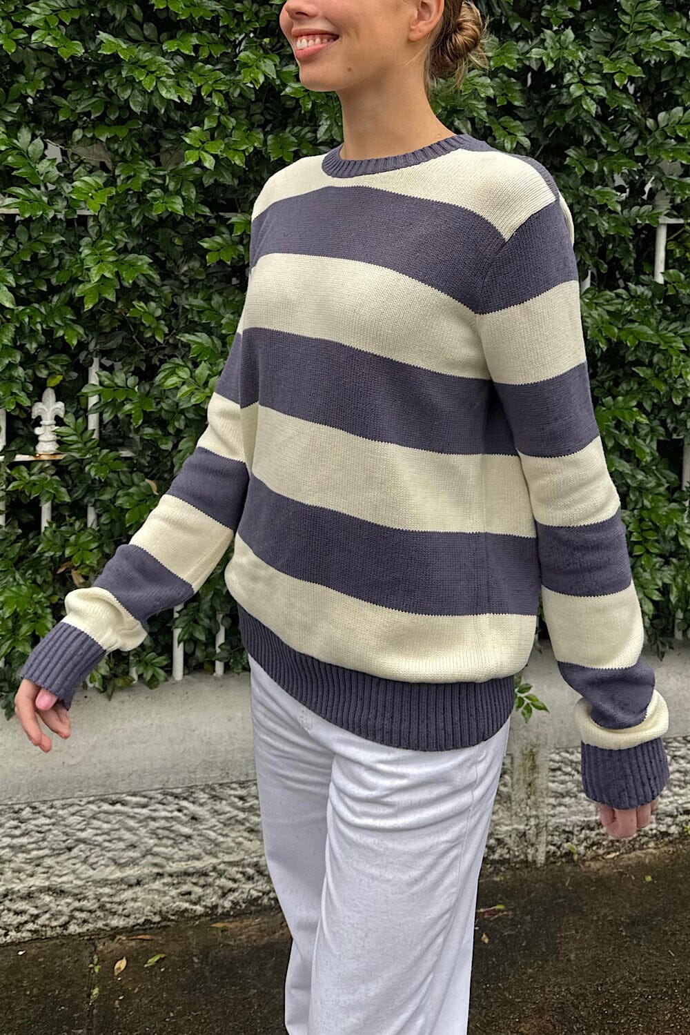Brianna Cotton Thick Stripe Sweater | Faded Blue with Ivory Stripes / S/M