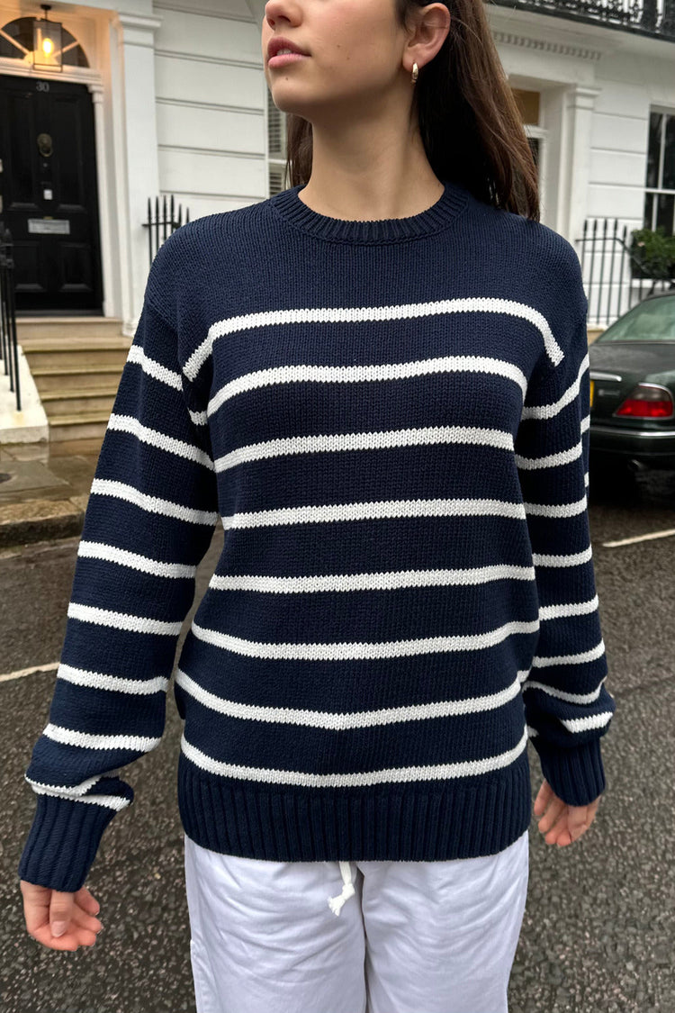 Marie Striped Sweater | Navy Blue With Thin White Stripes / Oversized Fit