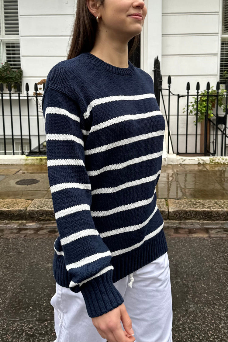 Marie Striped Sweater | Navy Blue With Thin White Stripes / Oversized Fit