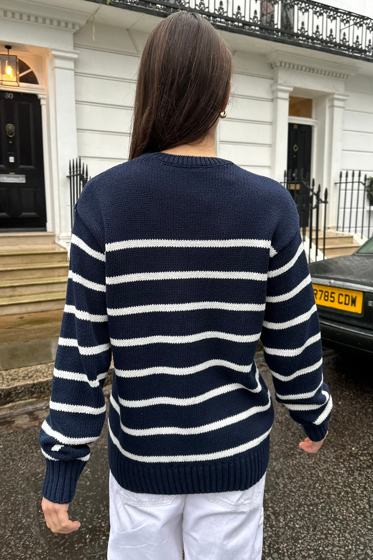 Marie Striped Sweater | Navy Blue With Thin White Stripes / Oversized Fit