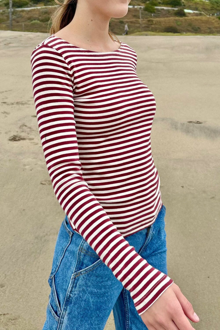 Catalina Striped Top | White and Maroon Stripes / S