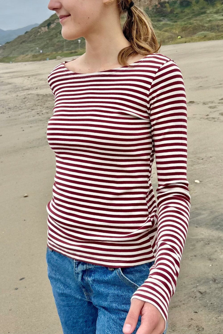 Catalina Striped Top | White and Maroon Stripes / S
