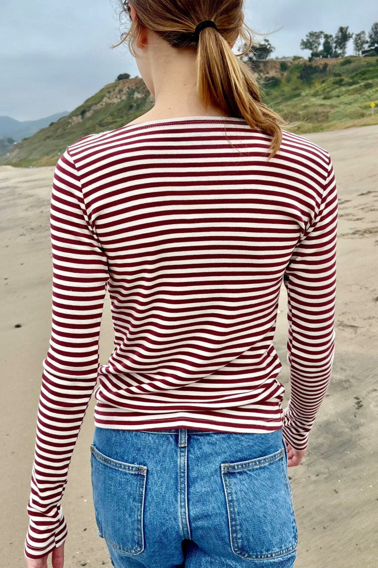 Catalina Striped Top | White and Maroon Stripes / S