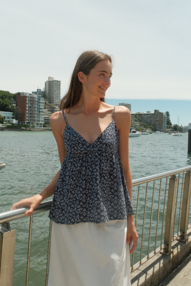 Edith Floral Tank | Faded Navy With White Floral/ XS/S