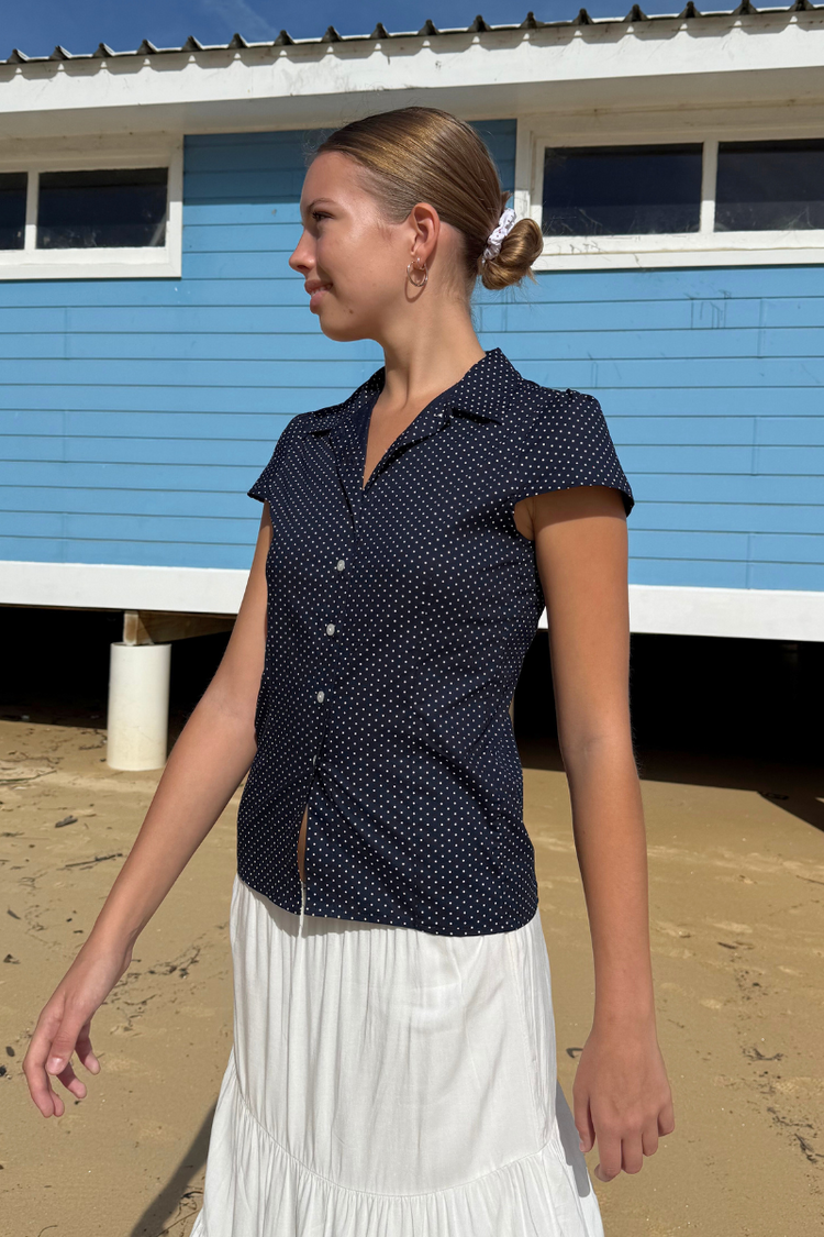 Rue Polka Dots Top | Faded Navy Blue With White Polka Dots / XS/S