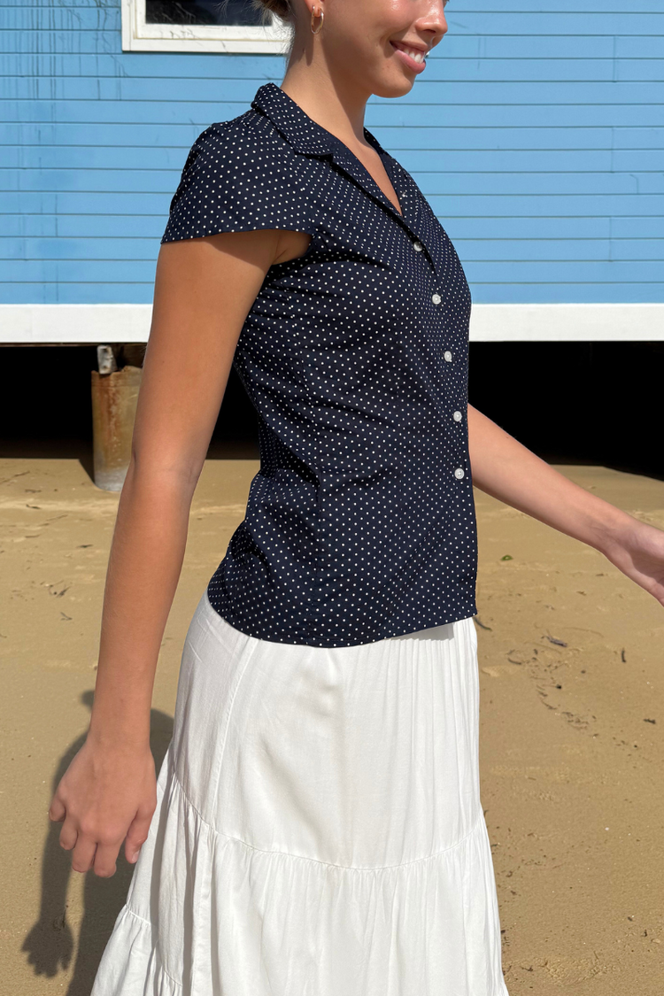 Rue Polka Dots Top | Faded Navy Blue With White Polka Dots / XS/S