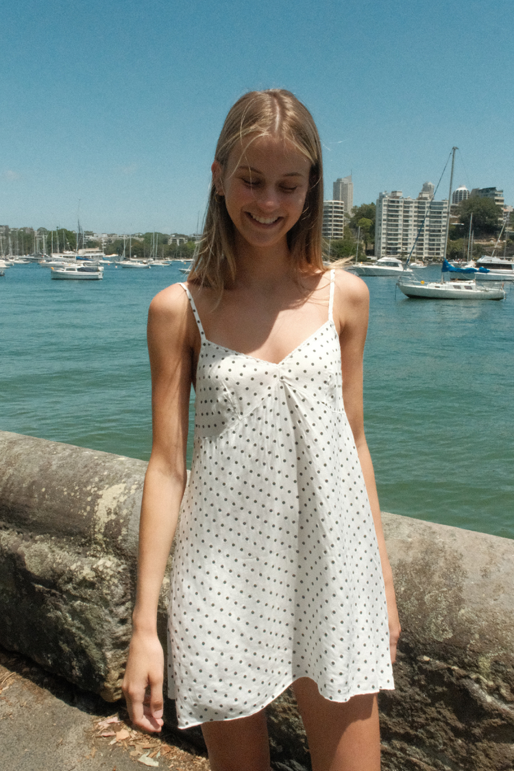 Gabriela Dress | White with Navy Large Polka Dots / XS/S