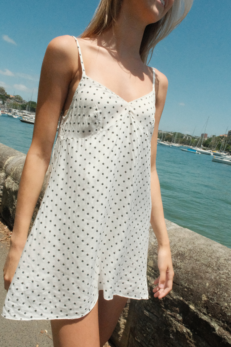 Gabriela Dress | White with Navy Large Polka Dots / XS/S