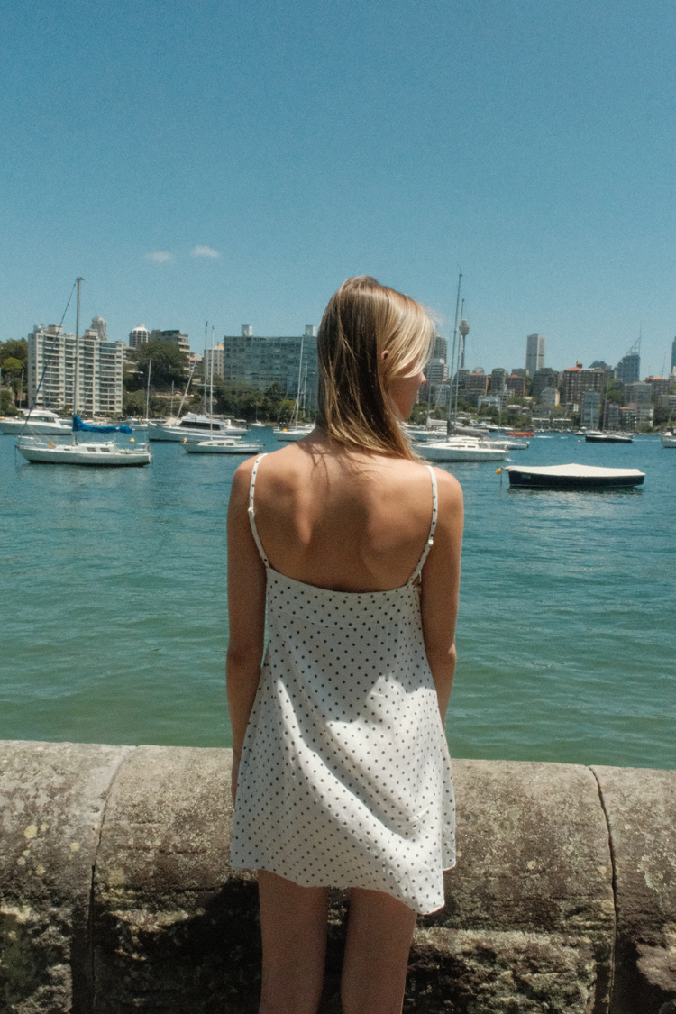 Gabriela Dress | White with Navy Large Polka Dots / XS/S