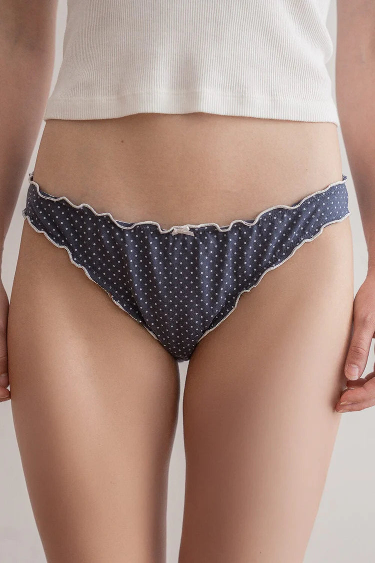 Polka Dots Scallop Bow Underwear | Faded Navy Blue With White Polka Dots / S
