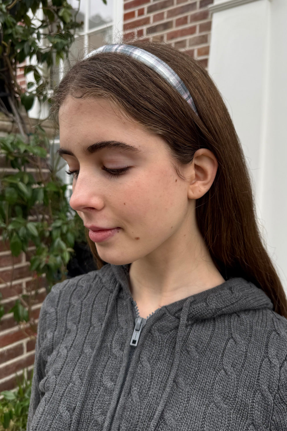 Plaid Headband | Dark Gray With White Plaid And Light Pink Stripes