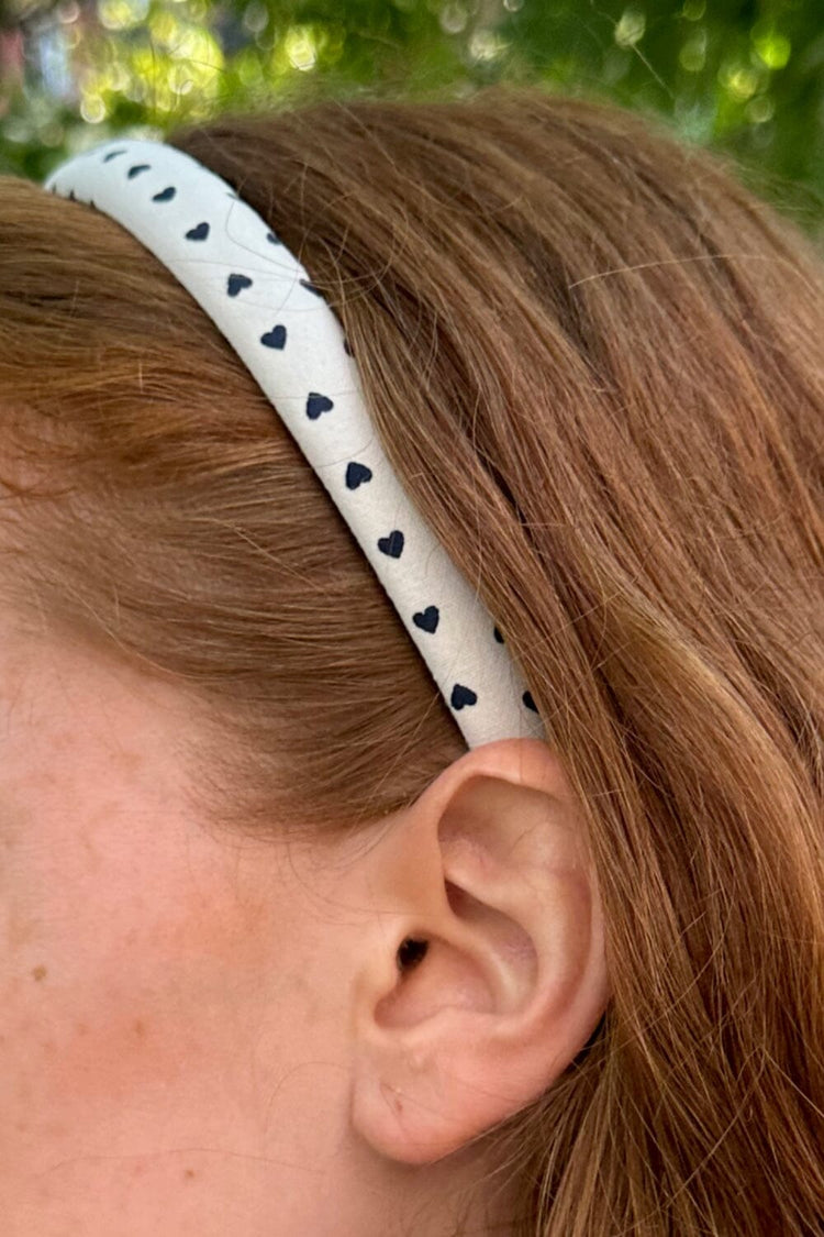 Pink Hearts Headband | White With Navy Blue Hearts