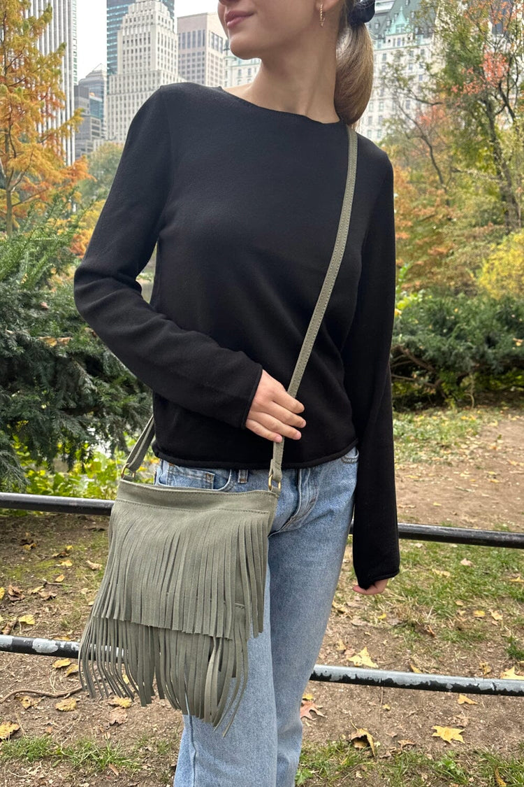 Fringe Suede Crossbody Bag |  Dark Sage Green