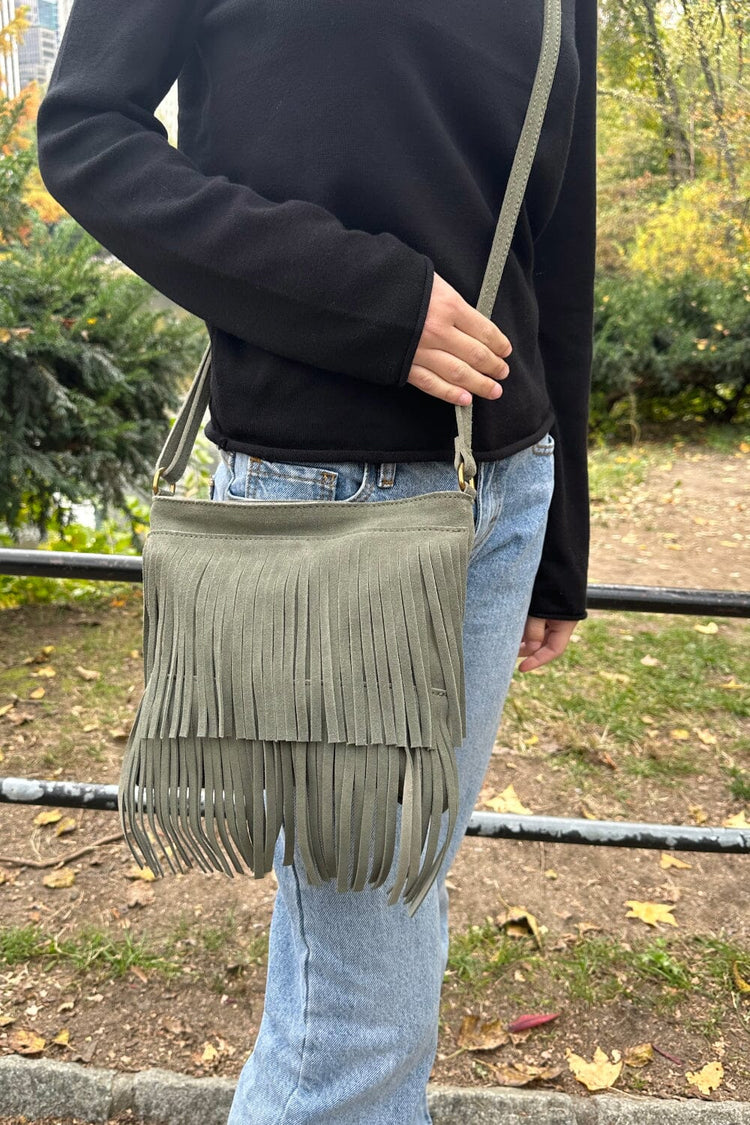 Fringe Suede Crossbody Bag |  Dark Sage Green