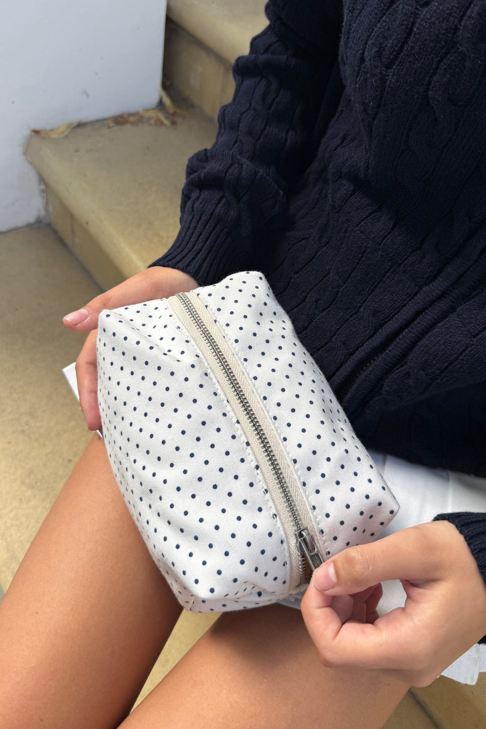 White Navy Polka Dots