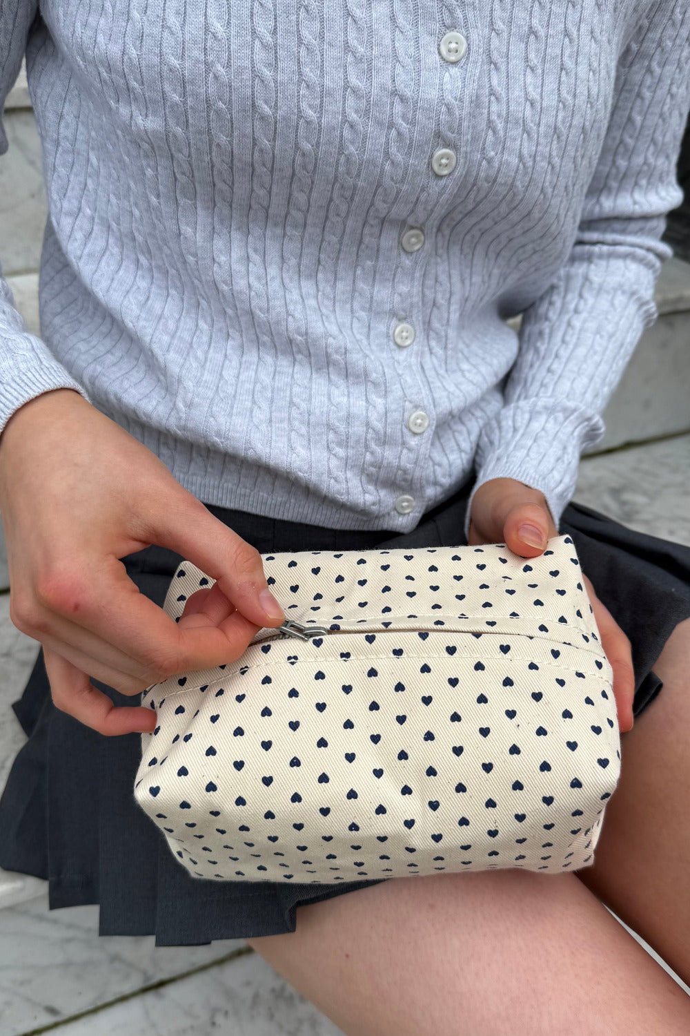 Hearts Makeup Bag | Ivory With Navy Hearts