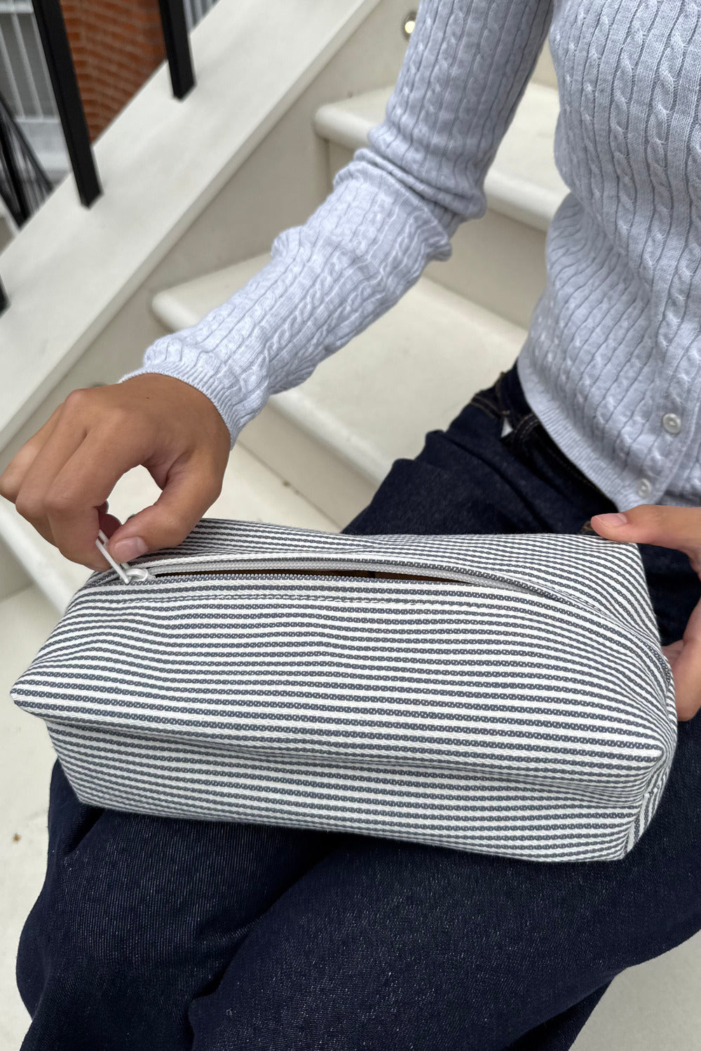 Stripes Makeup Bag | White With Navy Stripes