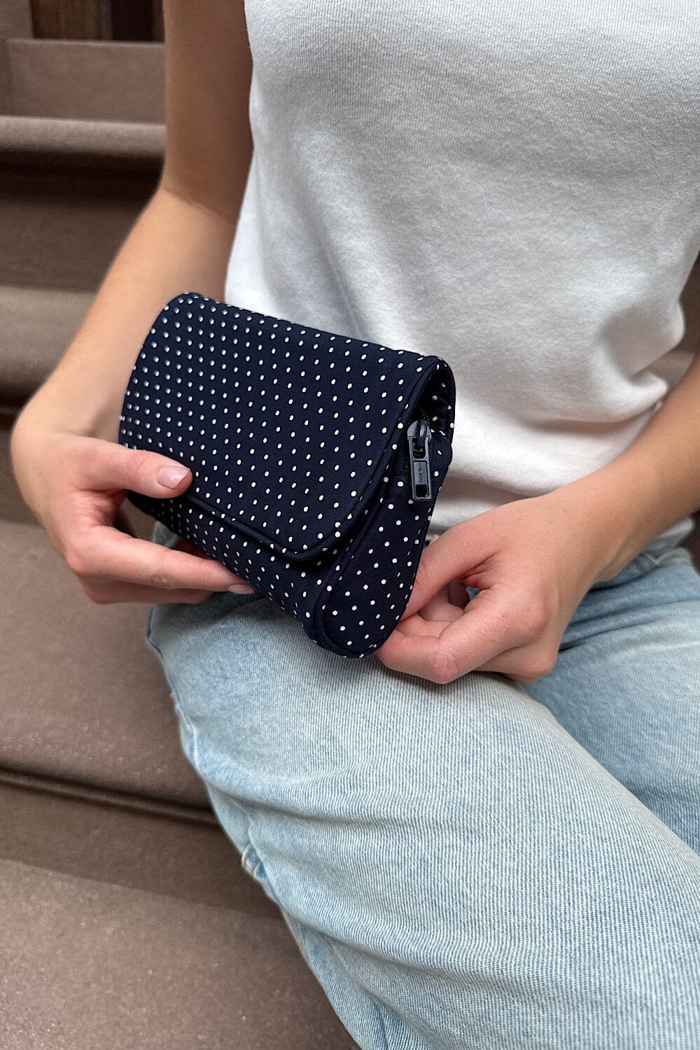 Polka Dots Makeup Bag | Navy With White Polka Dots