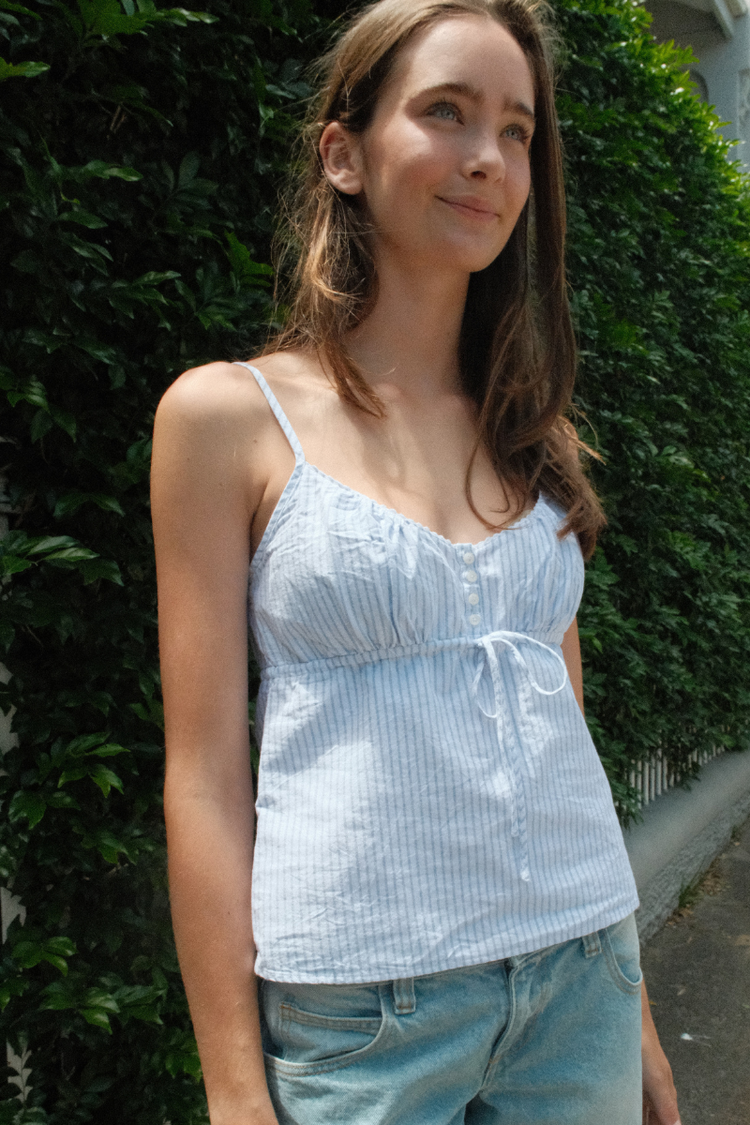 Striped Tiffany Tank | White with Light Blue Vertical Stripes / S