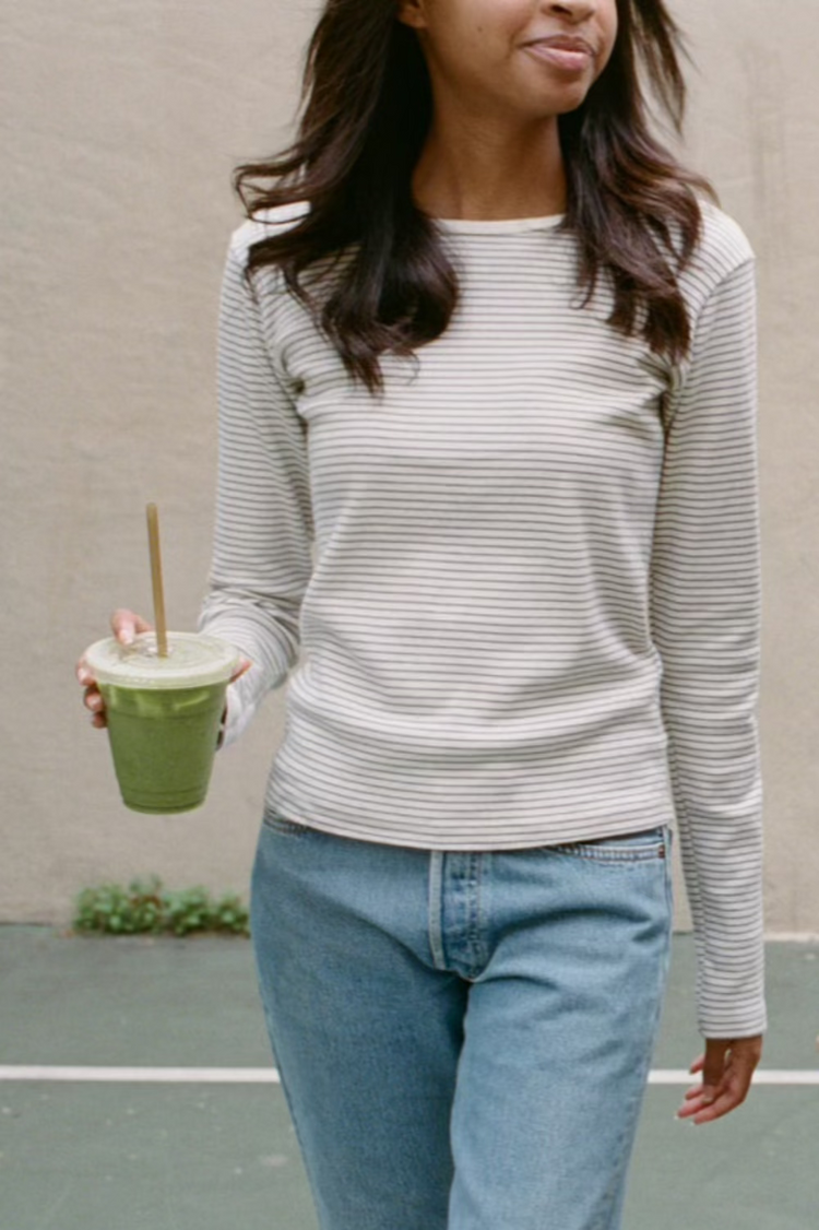 Leah Stripe Top | White With Thin Navy Stripes / XS/S