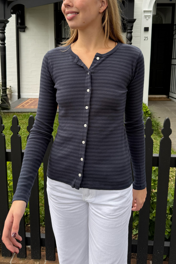 Zelly Button Up Top | Faded Navy Blue Stripes / S