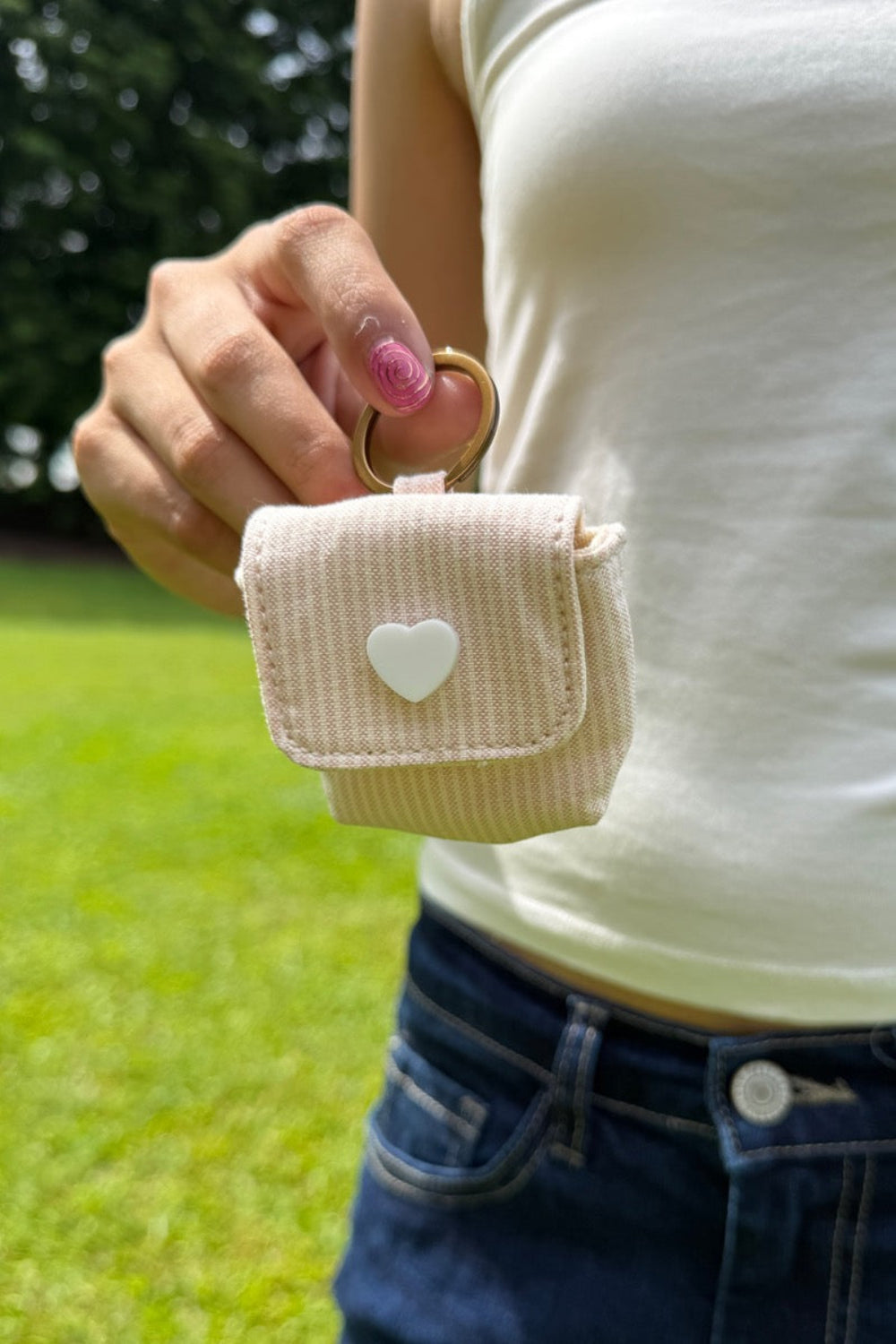 Striped Mini KeyChain Bag | White And Light Pink Stripes