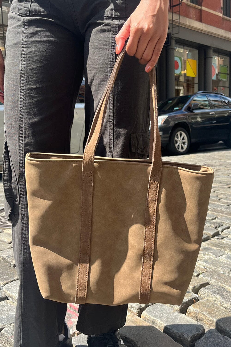Brown Faux Suede And Leather Tote